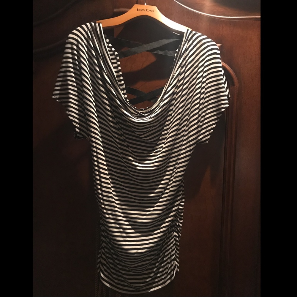 BEBE striped top, draping neckline, sexy low back